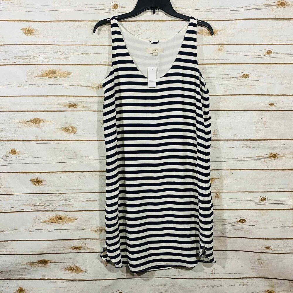 Loft ‎ Women Black & White Striped Sleeveless Scoop Neck Dress M